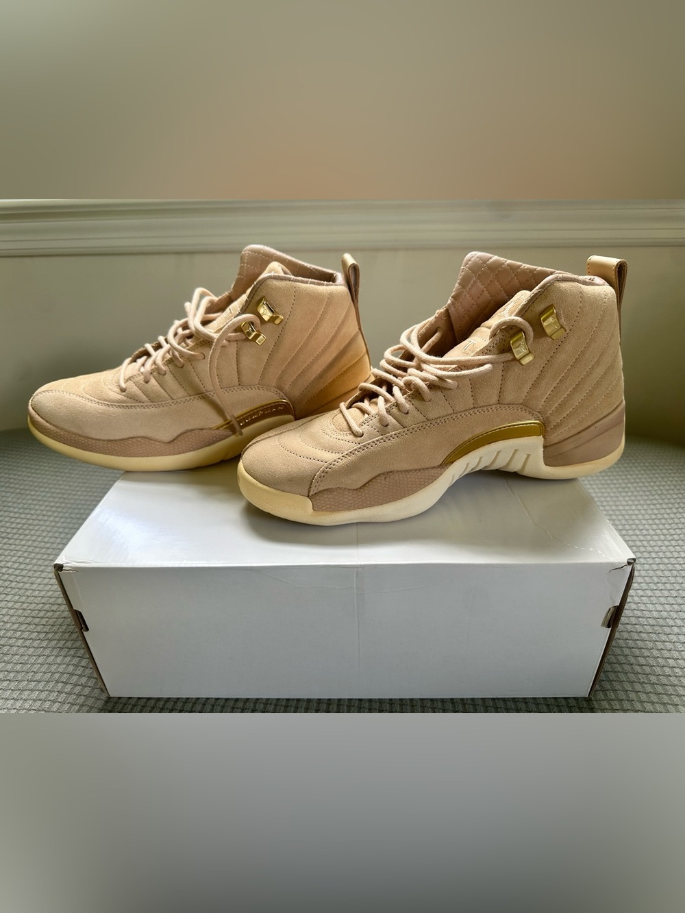 Women’s Air Jordan 12 Retros. Beige Suede with Gold Accents